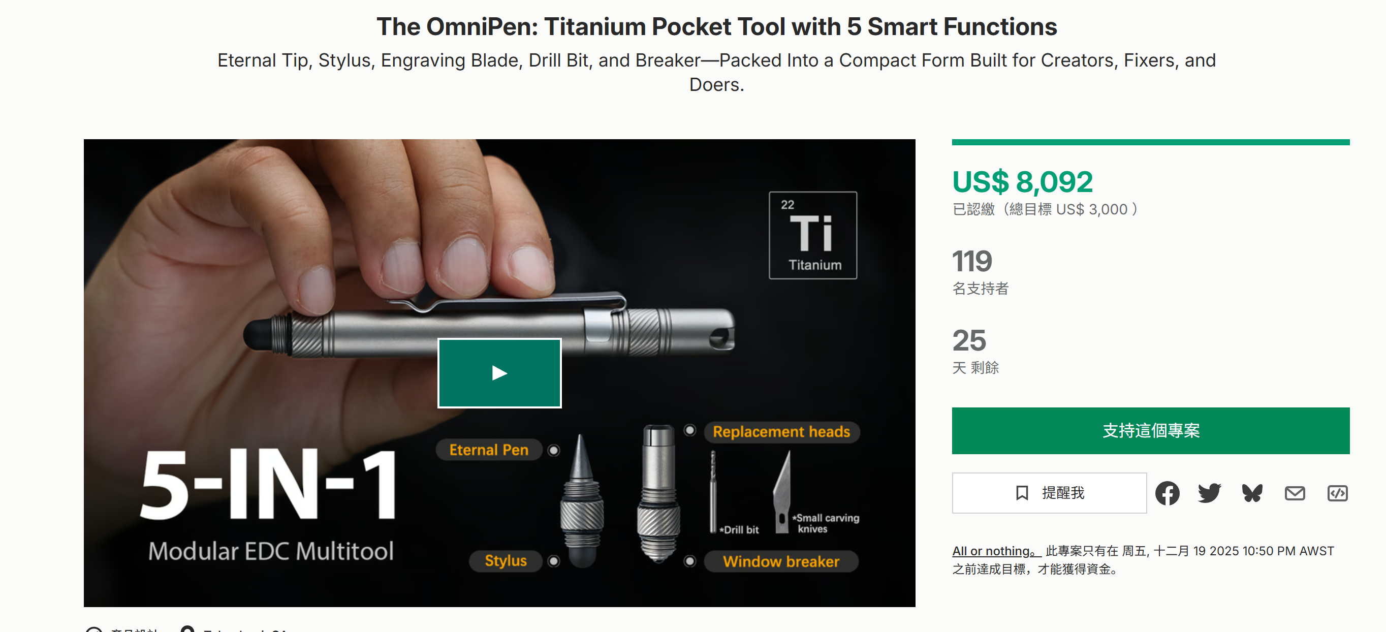 海外众筹-OmniPen:具有5个智能功能的钛制袖珍工具