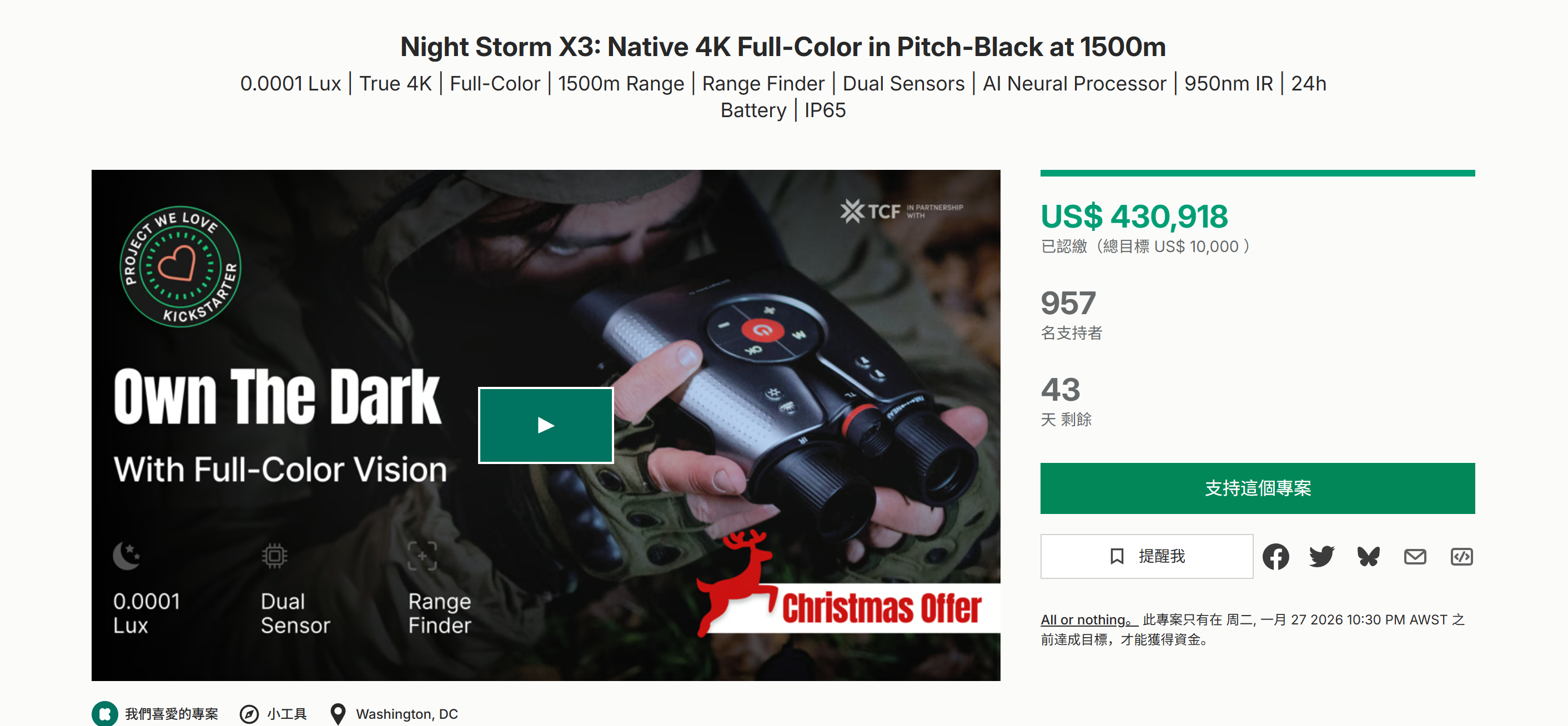 海外众筹-夜风暴X3：1500米深的原生4K全彩漆黑