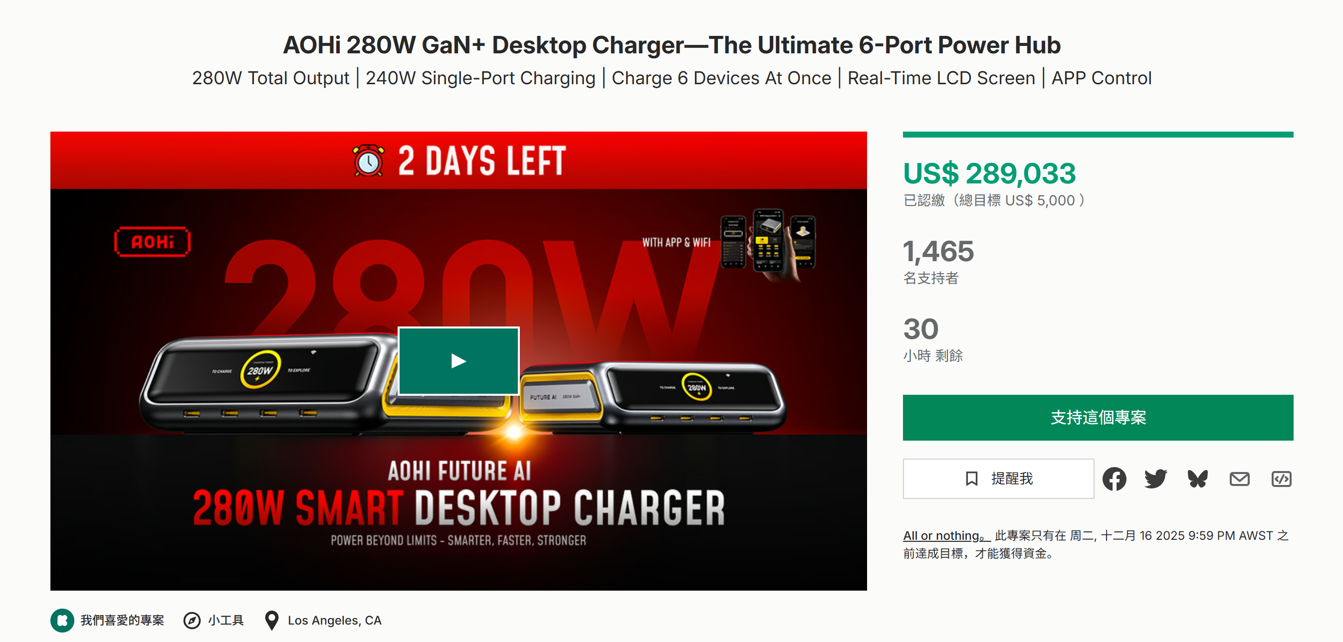 海外众筹-AOHi 280W GaN+台式充电器——终极6端口电源集线器